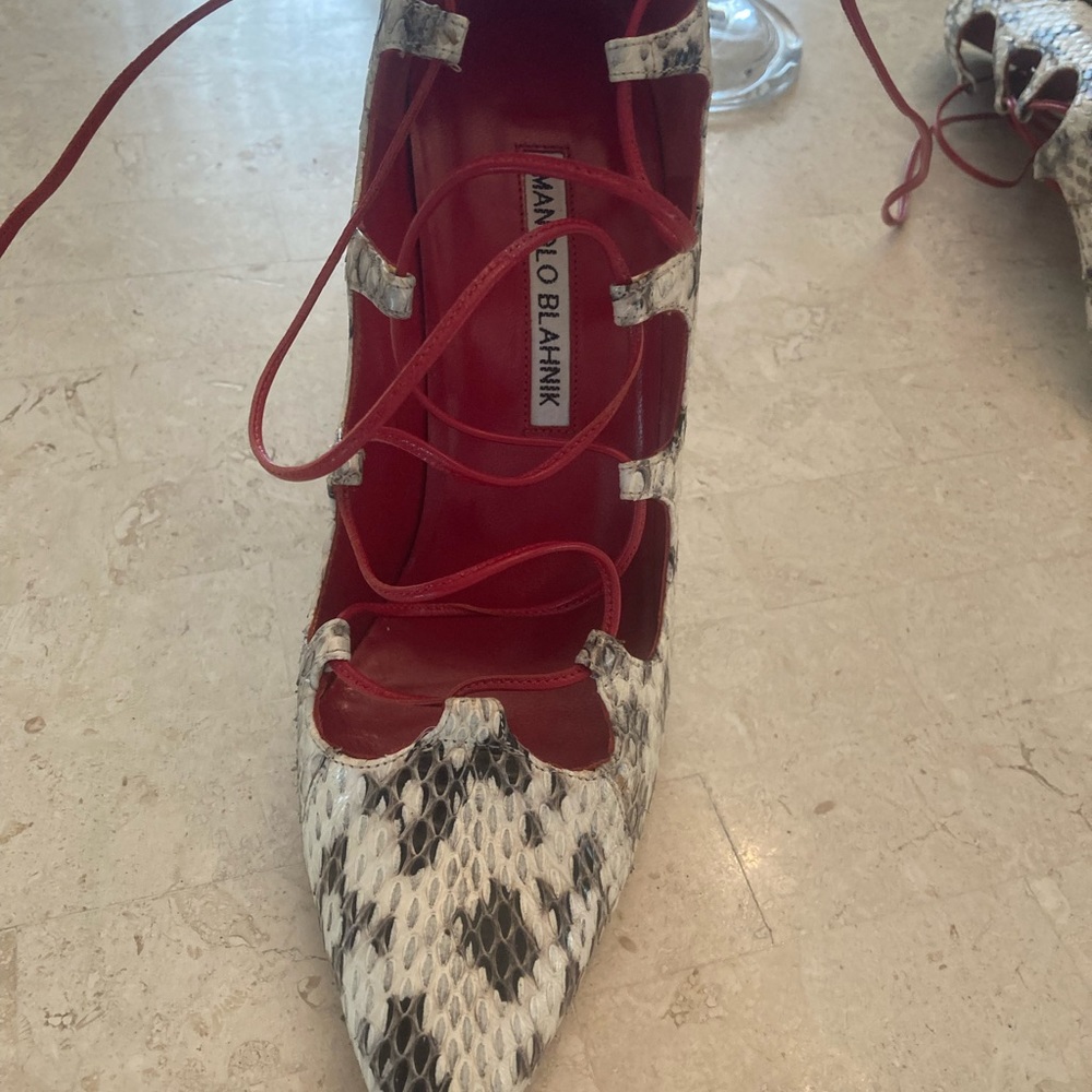 Manolo Blahnik snake strappy pumps